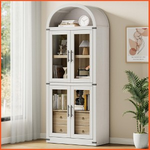 Arched Bookshelf with Doors and Drawers Farmhouse Bookcase Display Storage Shelves 71.4in Tall Display Cabinet Rounded Bookcases - 1 of 4