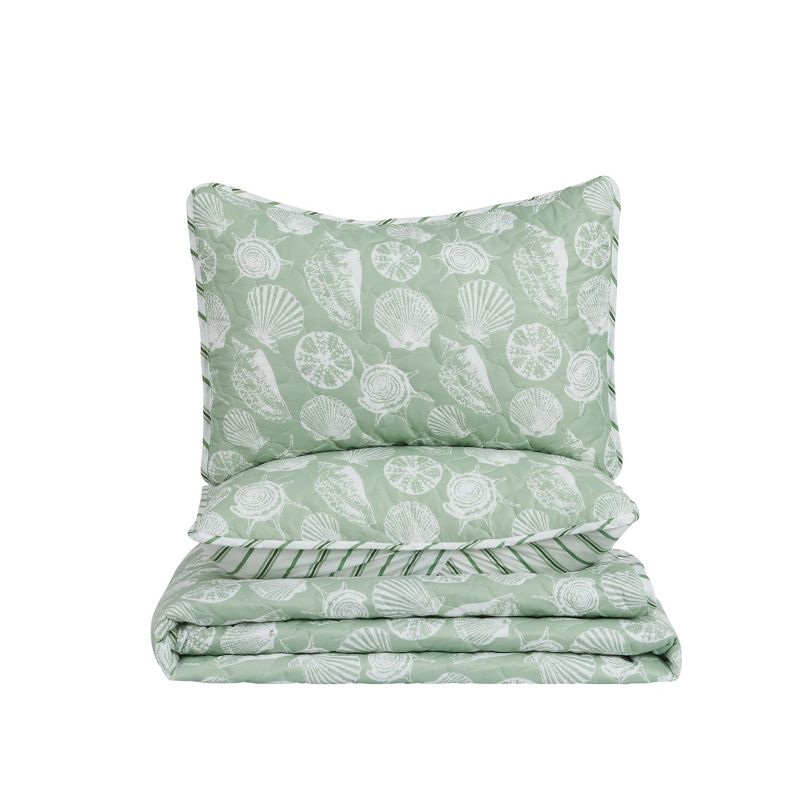 Green Seashell Microfiber Reversible Quilt Set With Shams, 4 of 7