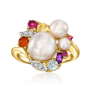 Ross-Simons 4-9mm Cultured Pearl and .62 ct. t.w. Multi-Gemstone Ring in 18kt Gold Over Sterling - 1 of 4