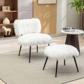 25''W Faux Fur Plush Accent Chair With Ottoman, Fluffy Upholstered Armless Chair With Stool-ModernLuxe