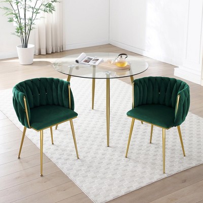 NicBex Modern Velvet Dining Chairs Set of 2,Upholstered Woven Chair with Metal Legs for Dining Room,Living Room,Vanity,Green