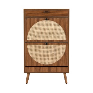 Brafab Shoe Storage Cabinet with 2 Flip Drawers and Open Shelf Natural Rattan Narrow Slim Shoe Organizer Rack Wooden with Metal Legs - 1 of 4