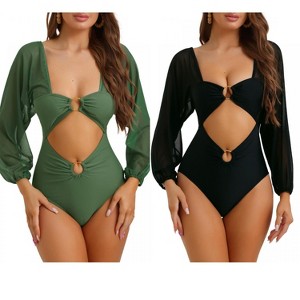 INSPIRE CHIC Women's Cut Out Ring Plunge Neck Shirred Long Sleeves Mesh Tummy Control Monokini Swimsuit 2 Sets - 1 of 4