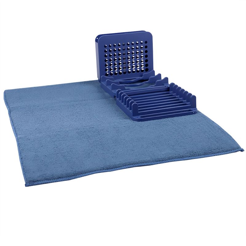 Michael Graves Design 3 Section Plastic  Dish Drying Rack with Super Absorbent Microfiber Mat, Indigo, 5 of 6