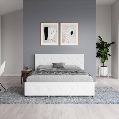 Full White Faux Leather Tufted Upholstered Bed with Headboard