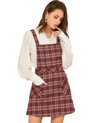Allegra K Women's Plaid Tartan Button Decor A-Line Pinafore Overall Dress