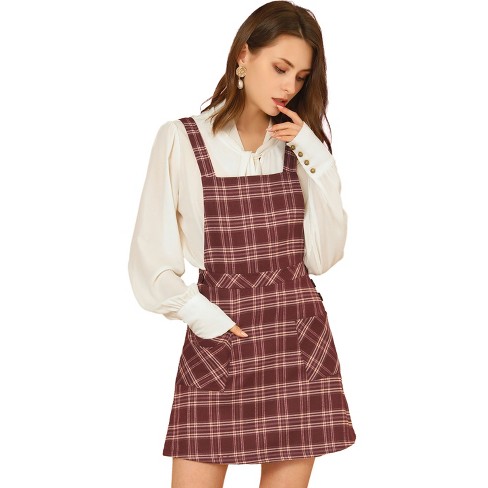 Allegra K Women's Plaid Tartan Button Decor A-line Pinafore Overall ...