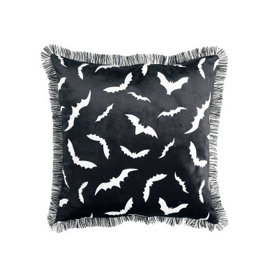 18"x18" Swarm of Bats Halloween Square Throw Pillow Black - Lush Décor: Velvet Fringe, Indoor Decoration