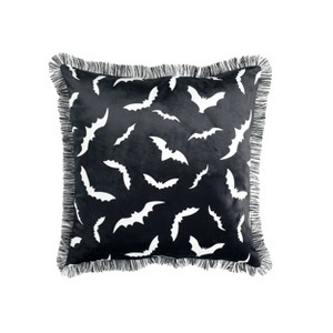 18"x18" Swarm of Bats Halloween Square Throw Pillow Black - Lush Décor: Velvet Fringe, Indoor Decoration - 1 of 4