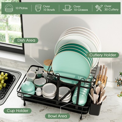 Black Metal and Bamboo 2-Tier Collapsible Dish Drying Rack