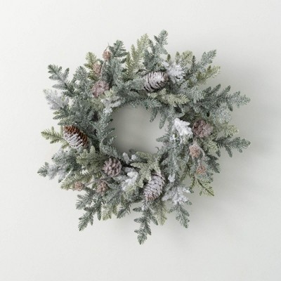 16.5"H Sullivans Artificial Frosted Pine Pinecone Christmas Accent Ring, Green-White, Indoor Christmas Decor