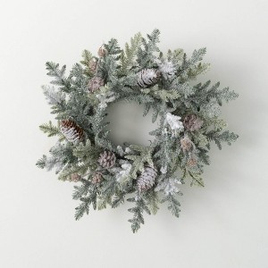 16.5"H Sullivans Artificial Frosted Pine Pinecone Christmas Accent Ring, Green-White, Indoor Christmas Decor - 1 of 3