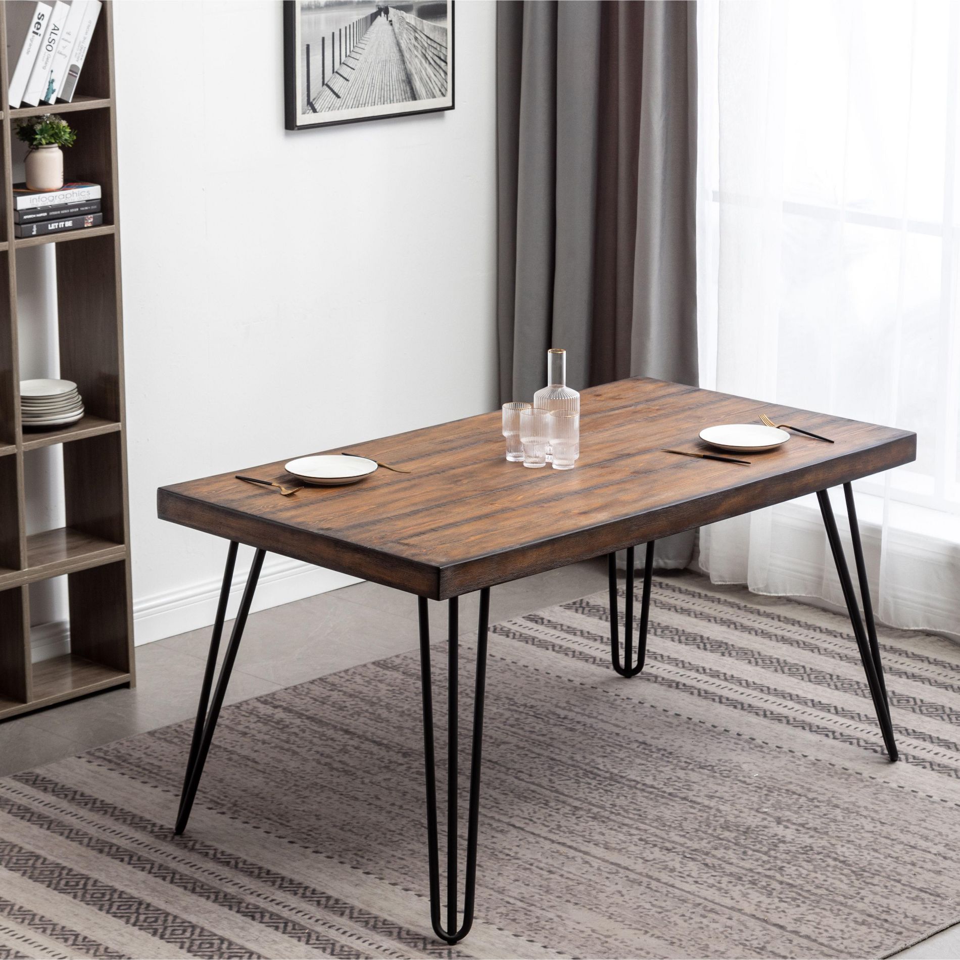 NicBex Dining Room Table for 4 Morden 60" Rectangle Dining Table Counter Height Table with 4 Metal Hairpin Design Legs for Kitchen, White