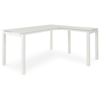 Modern White Corner Home Office Desk with Glass Top and Drawer