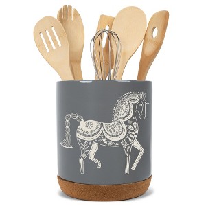 Elanze Designs Kitchen Utensil Holder With Non Slip Cork Base Large 8 Inch Ceramic Storage Crock Animal Countertop Organizer Floral Folk Horse Gray - 1 of 4