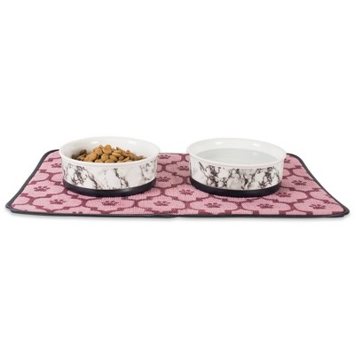 White Marble Ceramic Pet Bowls with Non-Skid Base, Set of 2