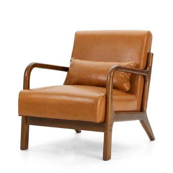 Mid-Century Modern Leatherette Arm Accent Chair Walnut Rubberwood Frame - Glitzhome