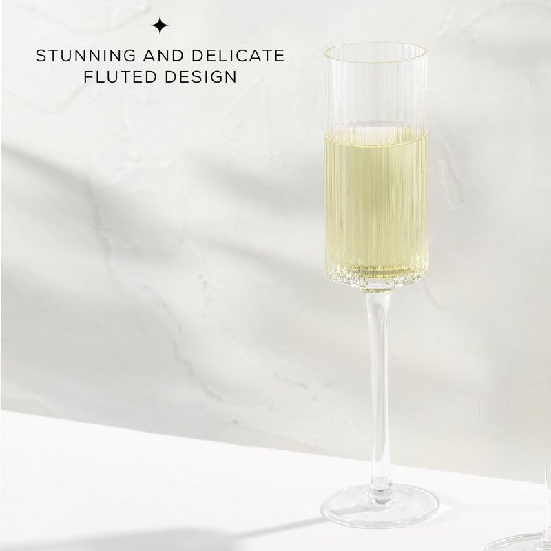 JoyJolt Elle Fluted Cylinder Champagne Glass - 6 oz Long Stem Champagne Glasses - Set of 2, 4 of 7