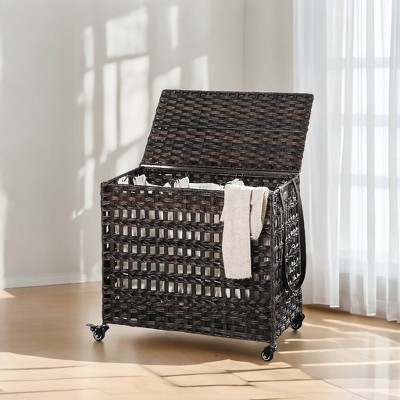 Laundry Hamper with Lid Clothes Hamper Synthetic Rattan 3-Section Laundry Sorter Basket with Removable Liner Bags for Laundry Room