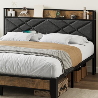 homfan Bed Frame, Upholstered Headborad with Storage and Charing Station, Tufted Design Bed Frame, Steel Slats Support, No Box Spring Needed