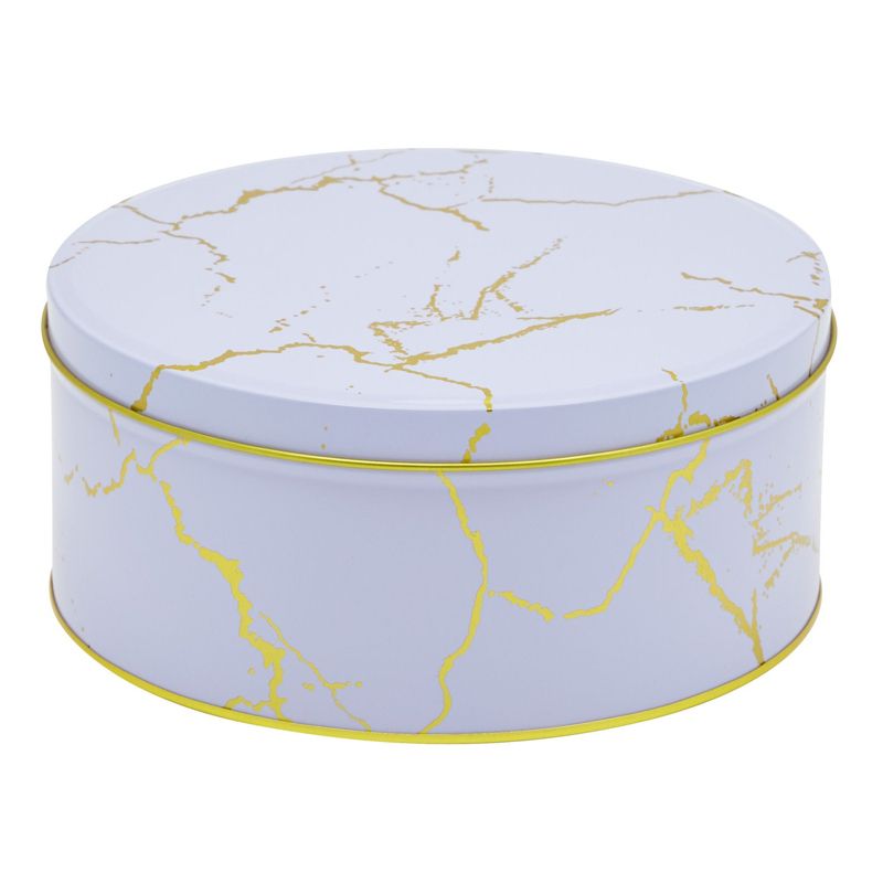 Juvale Set of 3 Marbled Round Nesting Tins with Lids, Circular Metal Kitchen Storage Containers for Cookies and Popcorn in 3 Sizes, Lavender and Gold, 3 of 7