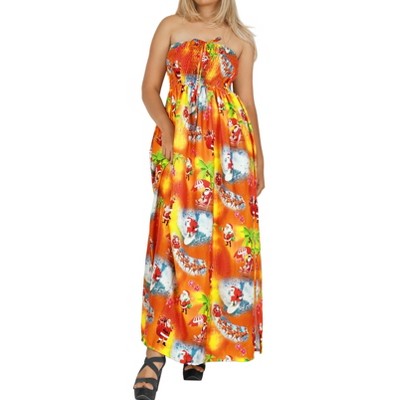 HAPPY BAY Women's A line Slit Maxi Casual Beach Vacation Dress Tube Top Long Strapless Christmas Holiday Outfits for Women L-XL Christmas Tangerine
