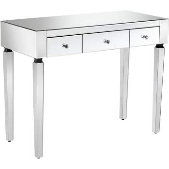 Studio 55D Thea Modern Mirrored Rectangular Desk 39 1/2" x 18" with 3-Drawer Silver Faceted Crystal Knobs for Living Room Bedroom Bedside Entryway