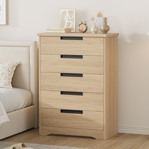 5 Drawer Dresser for Bedroom, Oak 5-Drawer Chest with Built-in Handles, Wooden Storage Dresser for Living Room, Nursery, Entryway - 1 of 4