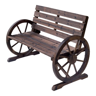 Outsunny Wooden Wagon Wheel Bench Rustic Outdoor Patio Furniture 2-Person Seat Bench with Backrest