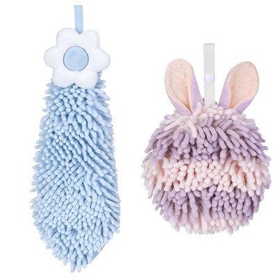 REGALWOVEN 2 Packs Soft Absorbent Flower and Rabbit Shape Decorative Chenille Hand Towel for Bathroom 6" x 15"/7" x 7"