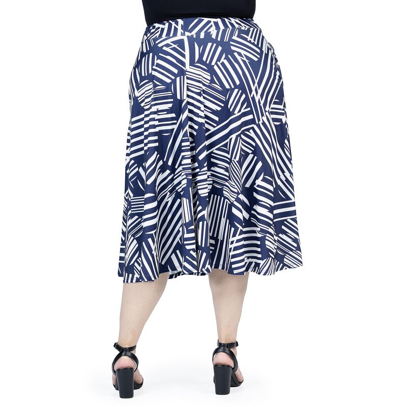 24seven Comfort Apparel Plus Size Navy Geometric Print Pleated Midi Skirt With Pockets, 3 of 7