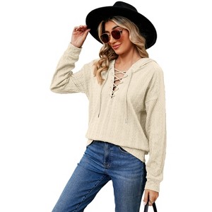 Coolmee Womens V Neck Long Sleeve Shirts Drawstring Hoodies Lightweight Pullover Tops - 1 of 4