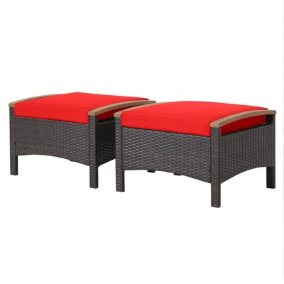Tangkula Outdoor PE Wicker Ottoman Set of 2 Patio Rattan Footrest Seat with Soft Cushions & Curved Acacia Wood Handles Beige/Navy Blue/Red/Off White