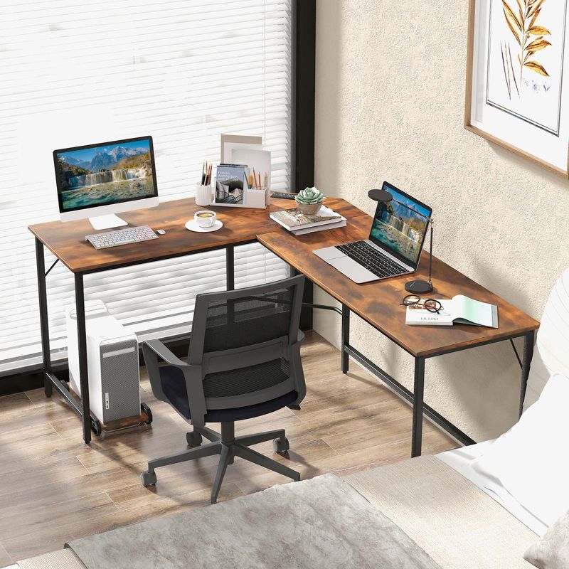 Costway L-shaped Gaming Desk Computer Desk with CPU Stand Power Outlets Rustic Brown/Black, 4 of 11