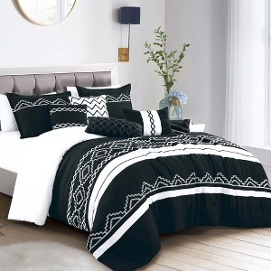 Home Mart Goods 7 Piece Black White Geometric Striped Comforter Set Embroidery Soft Bedding - 1 of 4