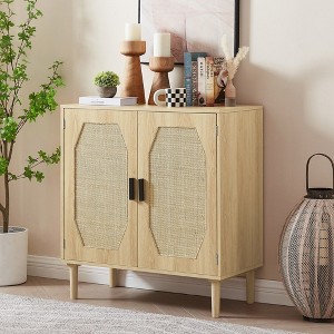 Rattan Buffet Cabinet with Decorative Doors and Shelves - Natural Wood Finish - 1 of 4