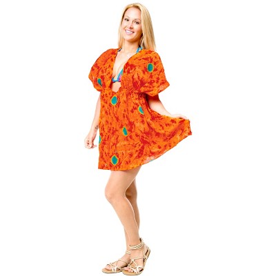 LA LEELA Women's Summer Loose Beachwear Mini Bathing Suit Wraps Plus Size Boho Swimsuit Cover ups Tops X-Large-XX-Large Orange, Tie Dye Design