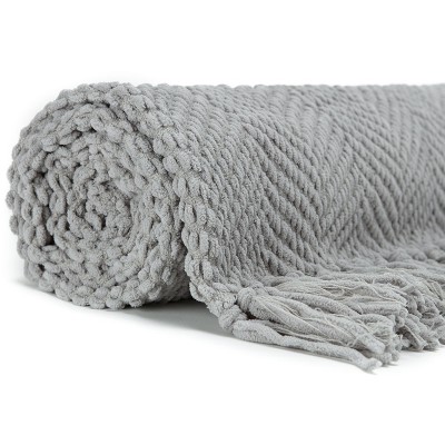 Silver Knitted Throw Blanket with Tassels, 50" x 65"