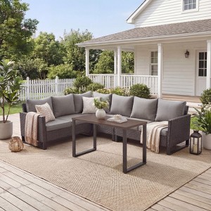 Buenhomino Patio Furniture Set 4 Piece, Wicker Rattan Sofa Couch with Thick Cushion and Coffee Table, L Shape All Weather Outdoor Conversation Set - 1 of 4