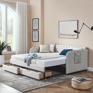 Twin Size Upholstered Daybed with Trundle Bed and Two Storage Drawers for Bedroom or Guest Room - 1 of 4