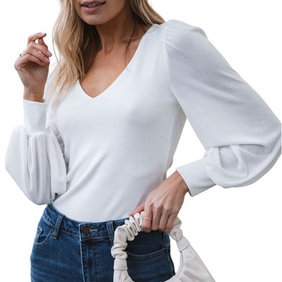 Amaryllis Women's V-Neck Puff Long Sleeve Knit Top with Fitted Cuffs Elegant Design Soft Fabric for Versatile Day-to-Night