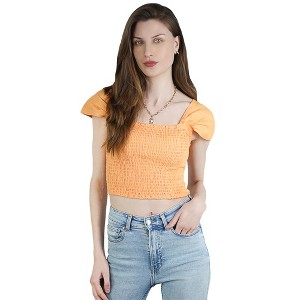 Artyska Women's Square Neck Smocked Cap Sleeves Linen Crop Tops Trendy - 1 of 4