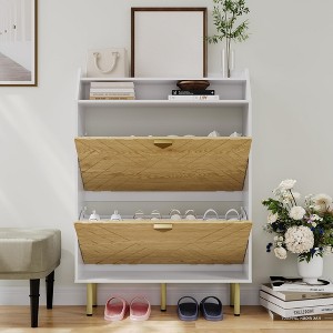 Wood Shoe Cabinet with 2 Flip Drawers, Narrow Freestanding Shoe Organizer with Open Shelf, Hidden Shoe Rack Cabinet for Entryway Living Room - 1 of 4