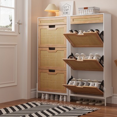 Natural Rattan 3 Flip Drawers Shoe Cabinet, Narrow Shoe Storage Cabinet with 3-Tier Adjustable Shelves, Freestanding Shoe Rack Organizer