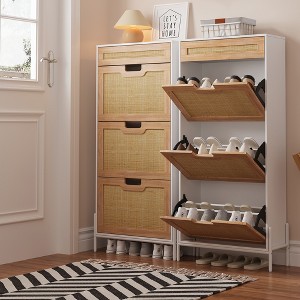 Natural Rattan 3 Flip Drawers Shoe Cabinet, Narrow Shoe Storage Cabinet with 3-Tier Adjustable Shelves, Freestanding Shoe Rack Organizer - 1 of 4