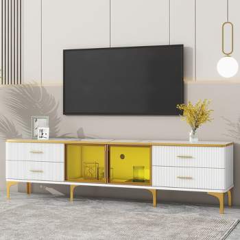 69" Stylish LED TV Stand with Marble-Veined Tabletop and Brown Glass Storage Cabinet for TVs Up to 78'' 4A - ModernLuxe