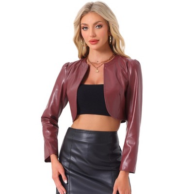 INSPIRE CHIC Women's PU Bolero Open Front Leather Cropped Long Sleeve Jacket