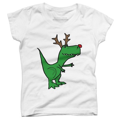 Girl's Design By Humans Cool Funny Christmas T-Rex Dinosaur with Antlers By SmileToday T-Shirt