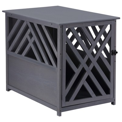 PawHut Furniture Style Wood Dog Crate End Table Decorative Dog Cage Kennel Lattice Night Stand with Lockable Door, Grey