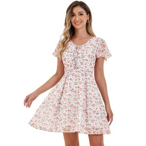 Allegra K Women's Floral Printed Flare Short Sleeve Lace-up V Neck A-Line Chiffon Dress - 1 of 4